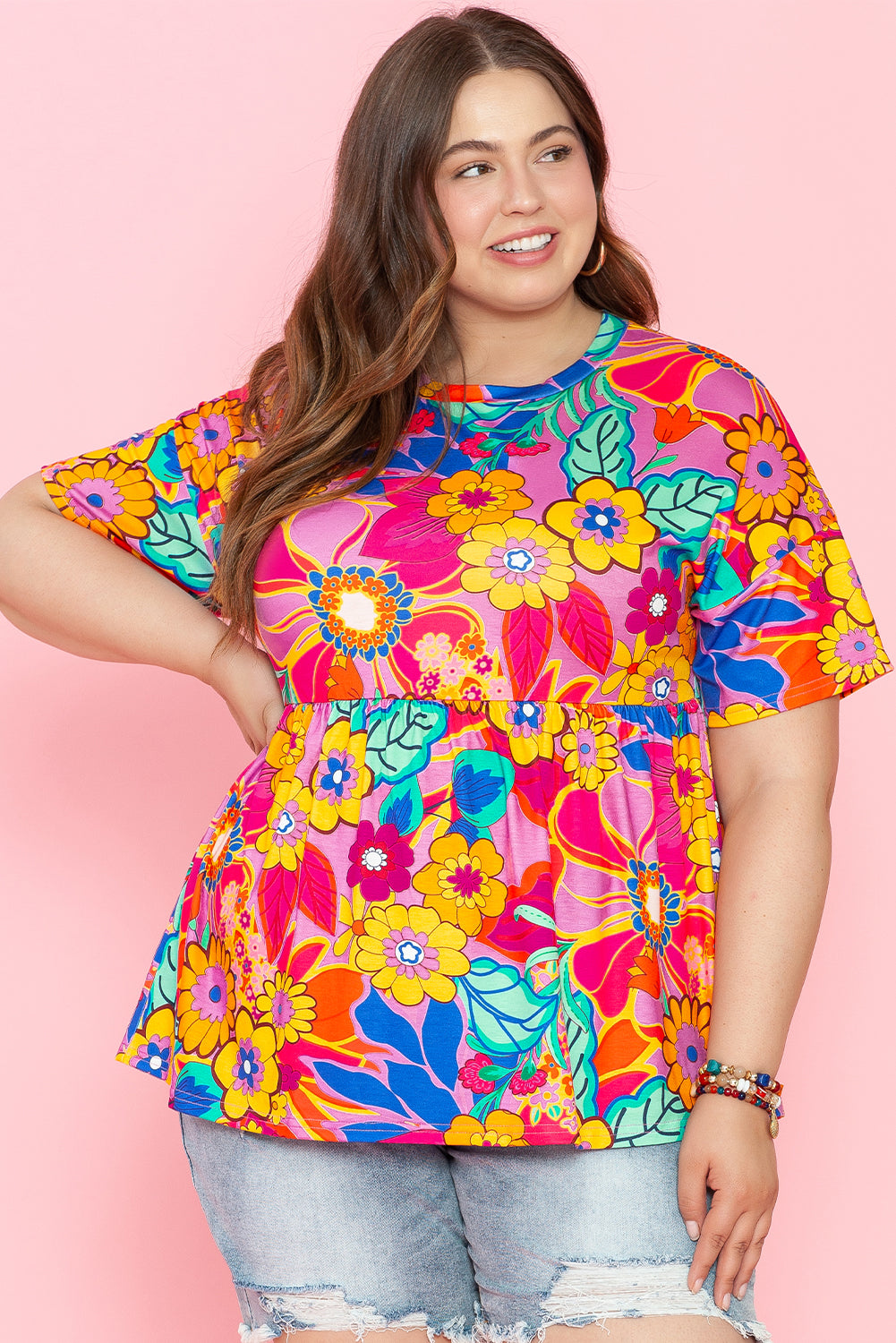 Chic Floral Print Short Sleeve Plus Size Babydoll Blouse ModeShe