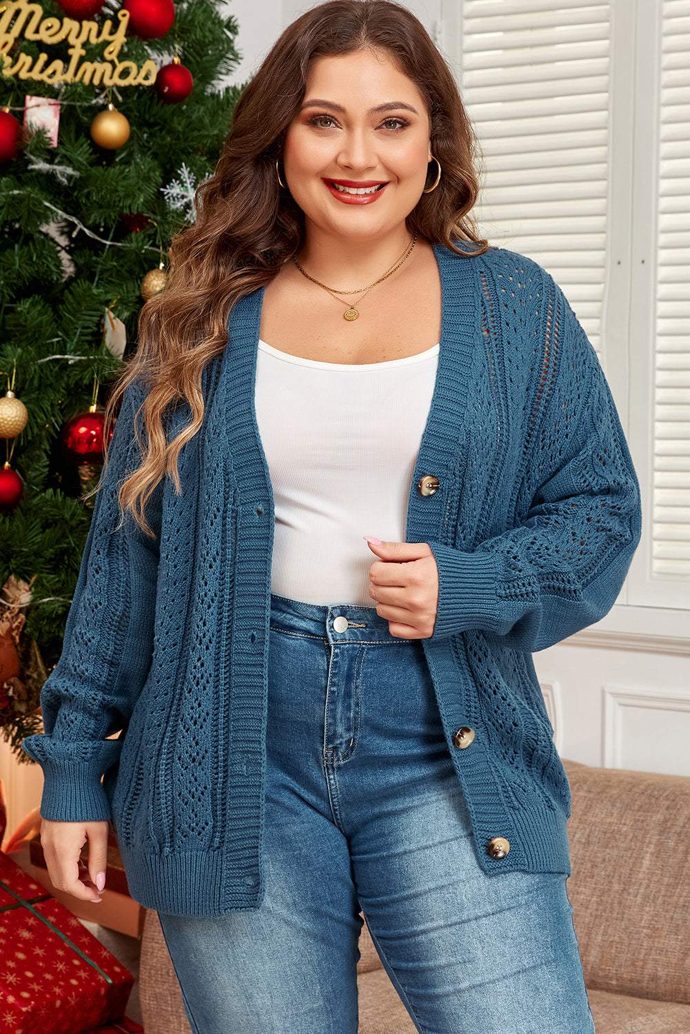 Chic Open Knit V Neck Button Front Drop Shoulder Plus Size Cardigan ModeShe