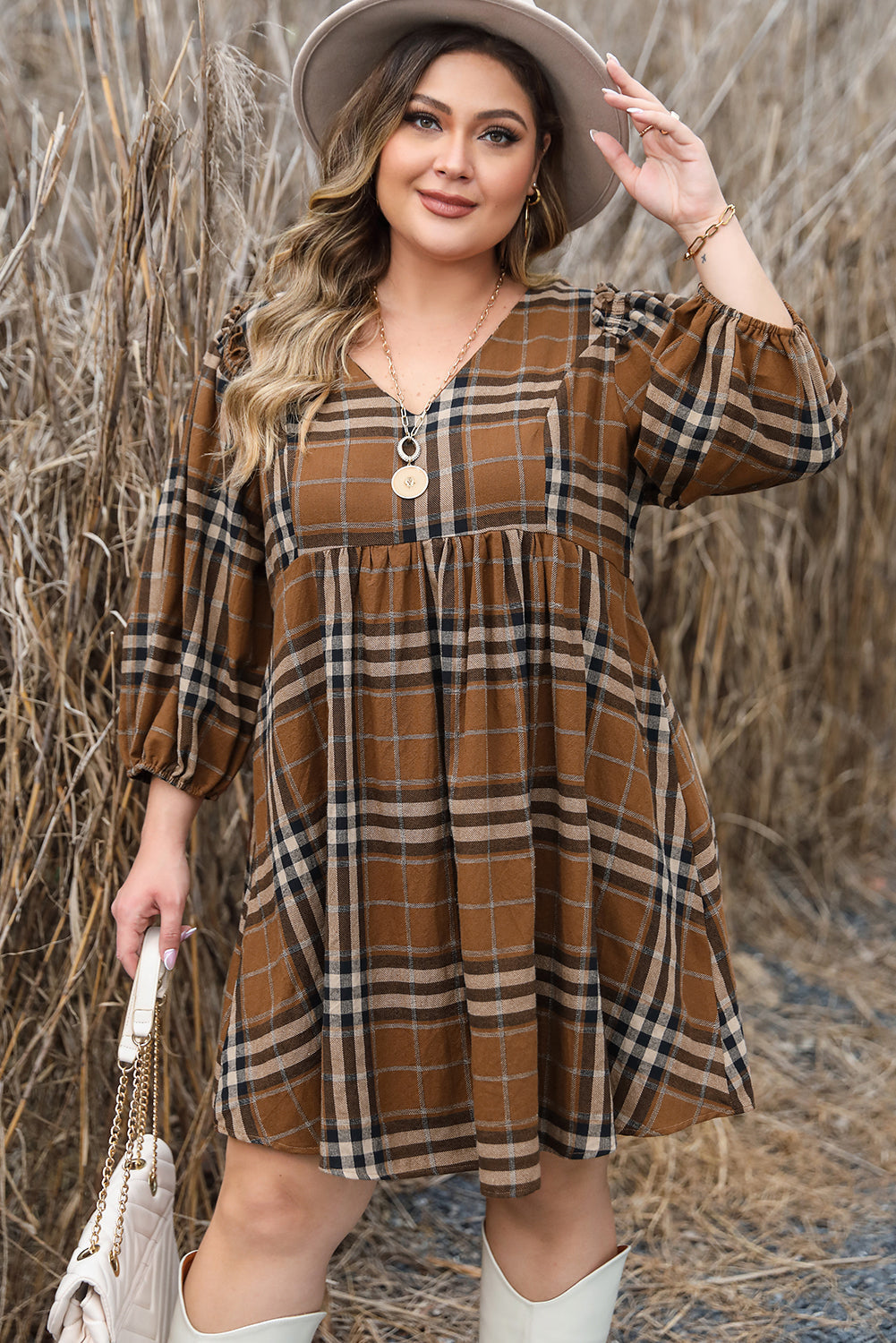 Chic Plaid V Neck Plus Size Babydoll Dress ModeShe