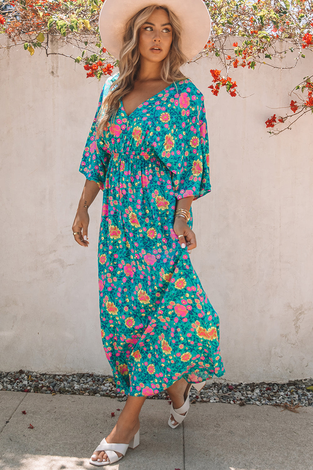 New Boho Deep V Neck Floral Maxi Dress – ModeShe.com