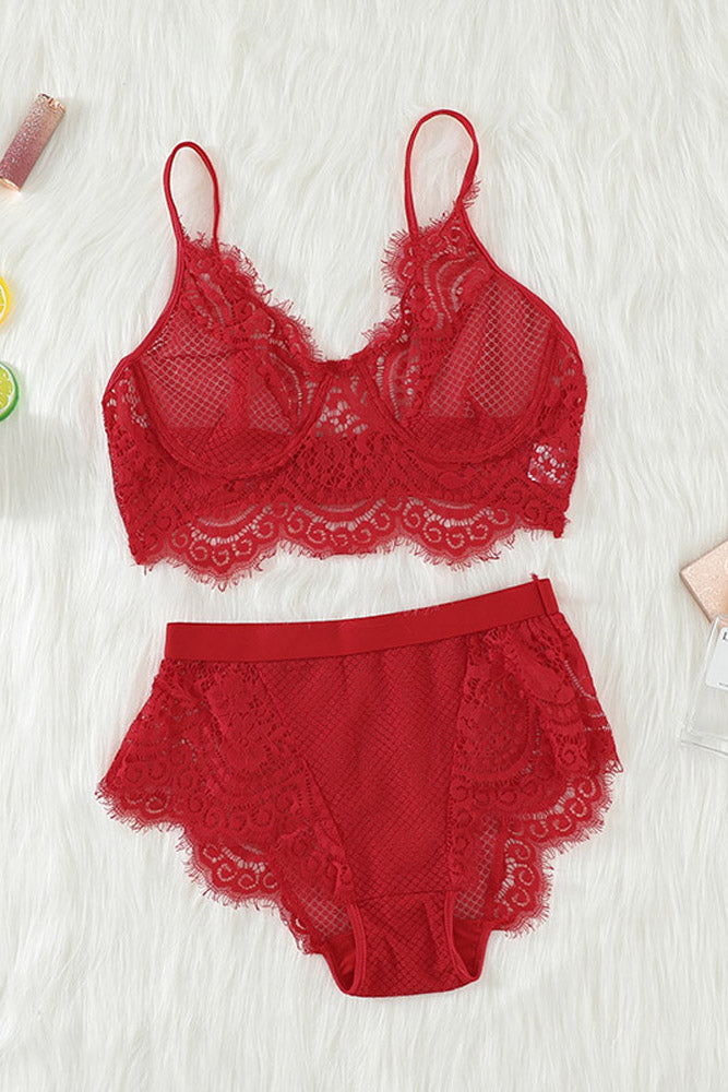 Red Strappy Lace High Waist Lace Up Panty Bralette Set –