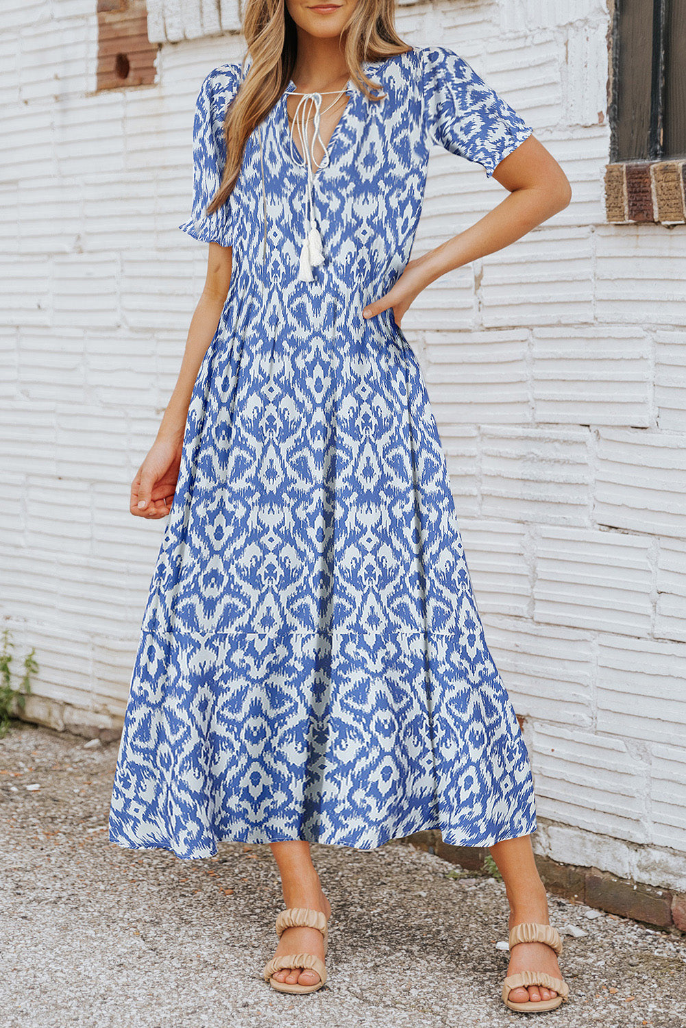 ModeShe Casual Geometric Print Maxi Dress Blue US 8 10 M