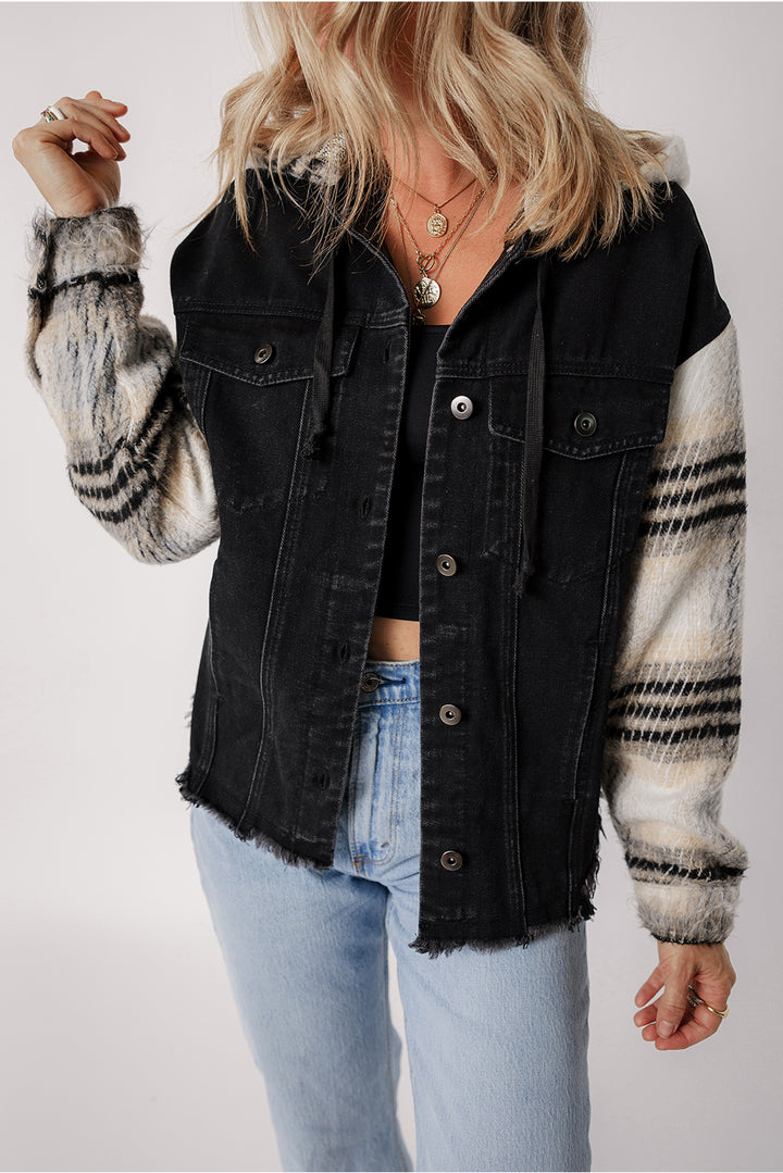 Plaid Sleeve Frayed Hem Hooded Denim Jacket