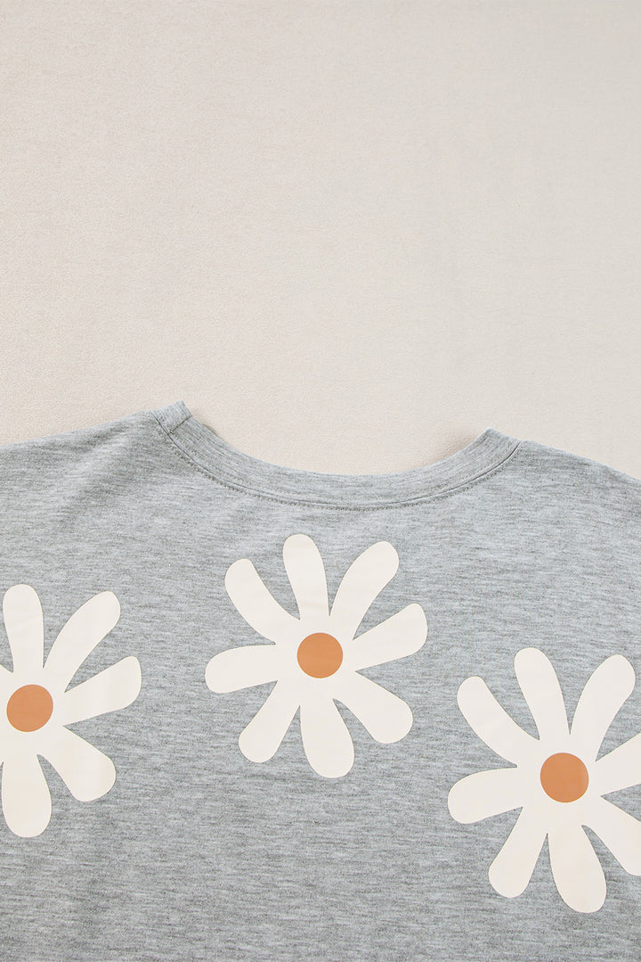 Gray Daisy Flower Printed Casual T Shirt