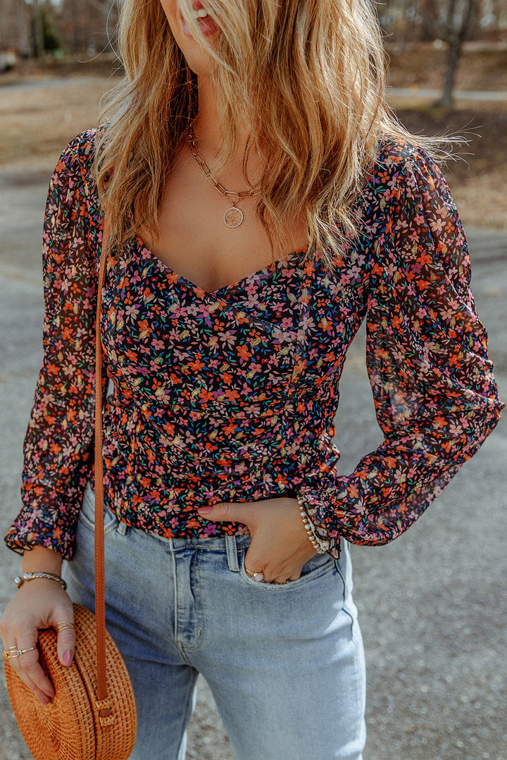 V Neck Bubble Sleeve Floral Blouse