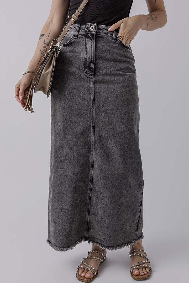 Denim Raw Hem Back Split High Waist Long Skirt