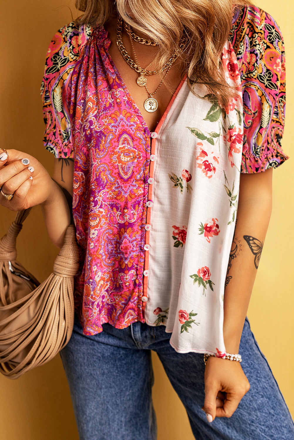 Boho Floral Patchwork Buttoned Short Sleeve Blouse