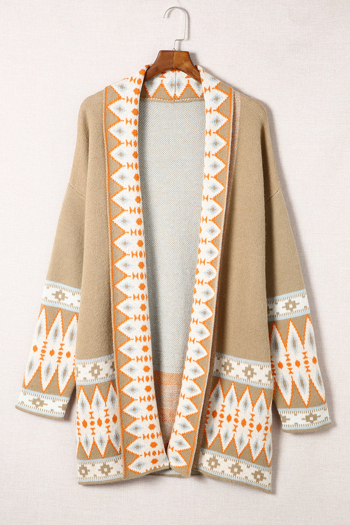 Aztec Print Open Front Knitted Cardigan