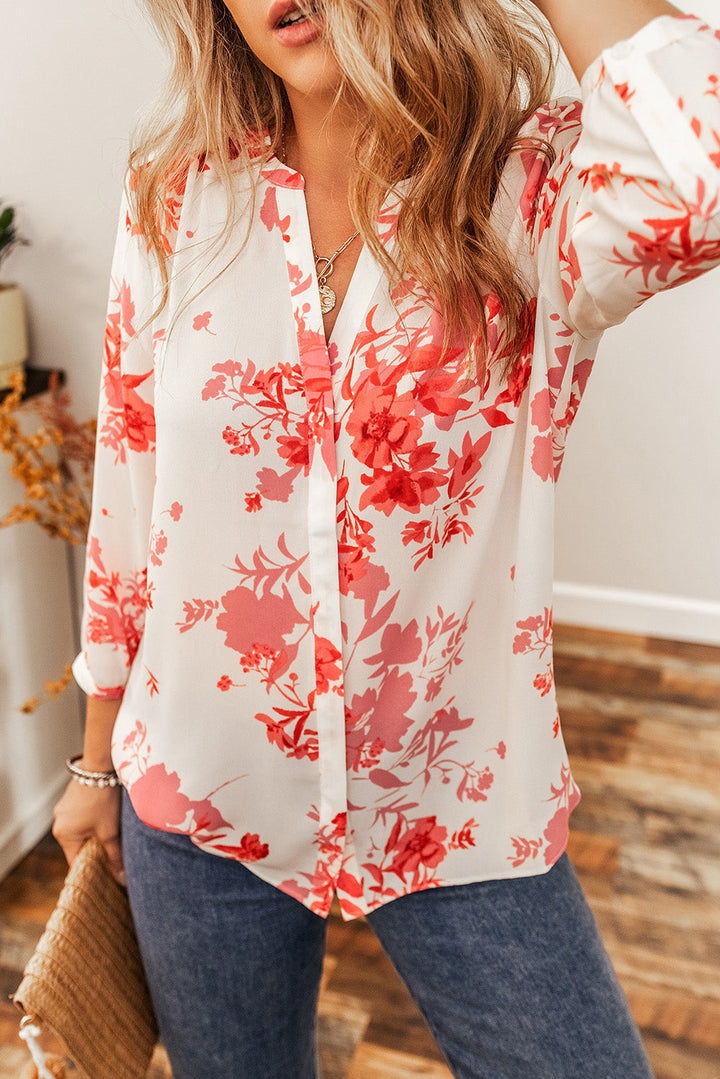 Plant Print Pleated Back V Neck Shift Casual Shirt