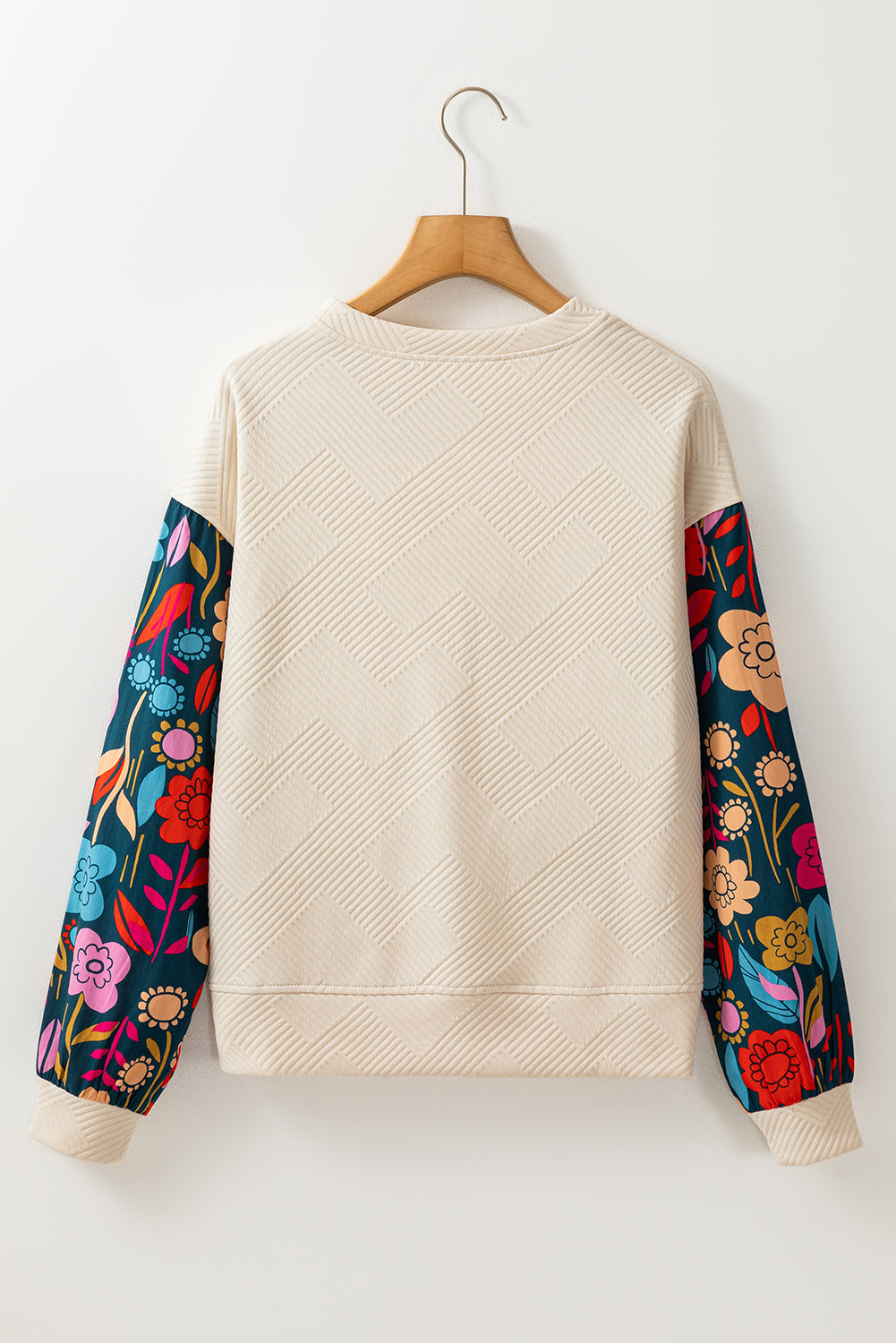 Contrast Floral Sleeve Textured Drop Shoulder Knit Top