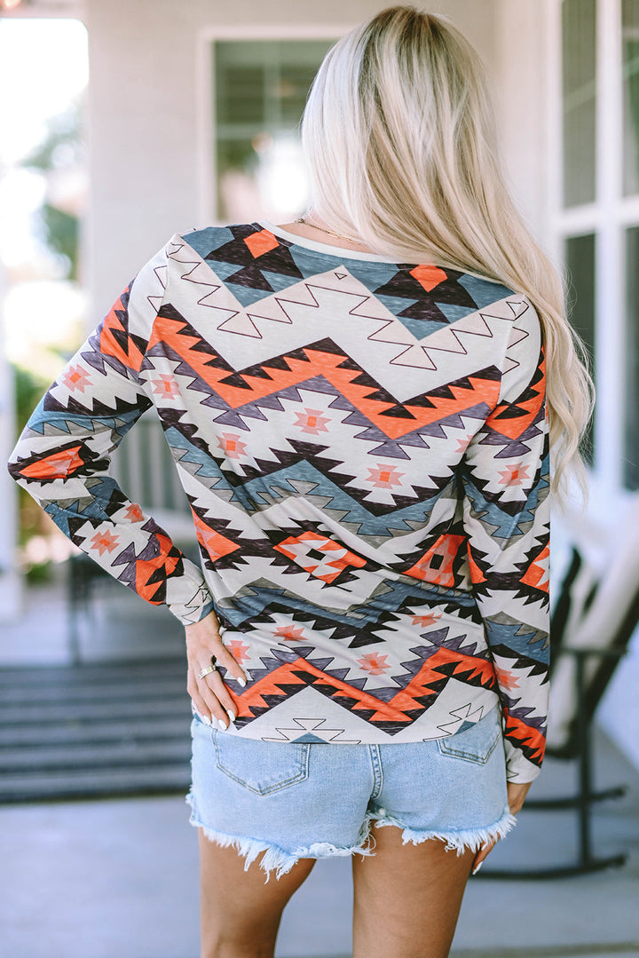 Aztec Print V Neck Long Sleeve Top