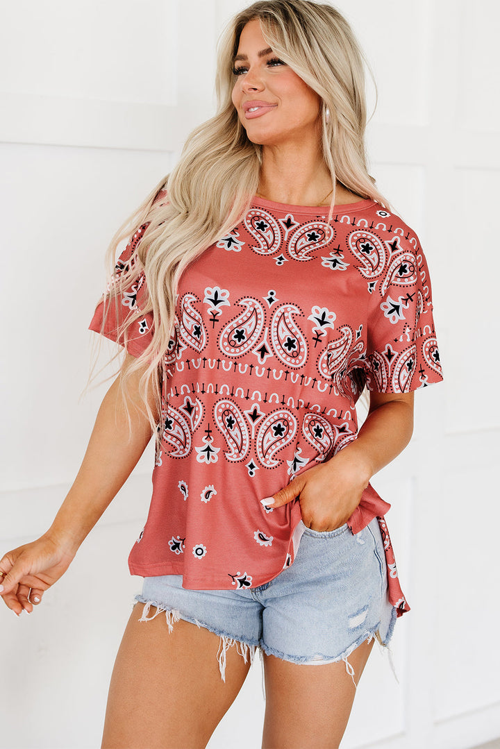 Paisley Print Side Slits Crew Neck T Shirt