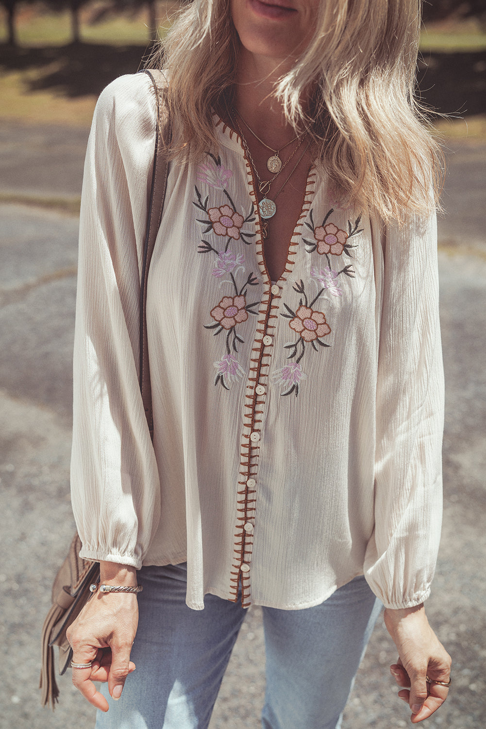 Floral Embroidered Textured Puff Sleeve Loose Shirt