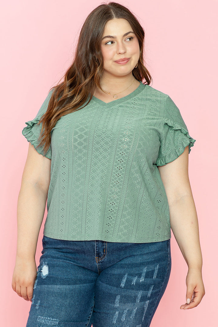 Petal Sleeve Jacquard V Neck Curvy Blouse