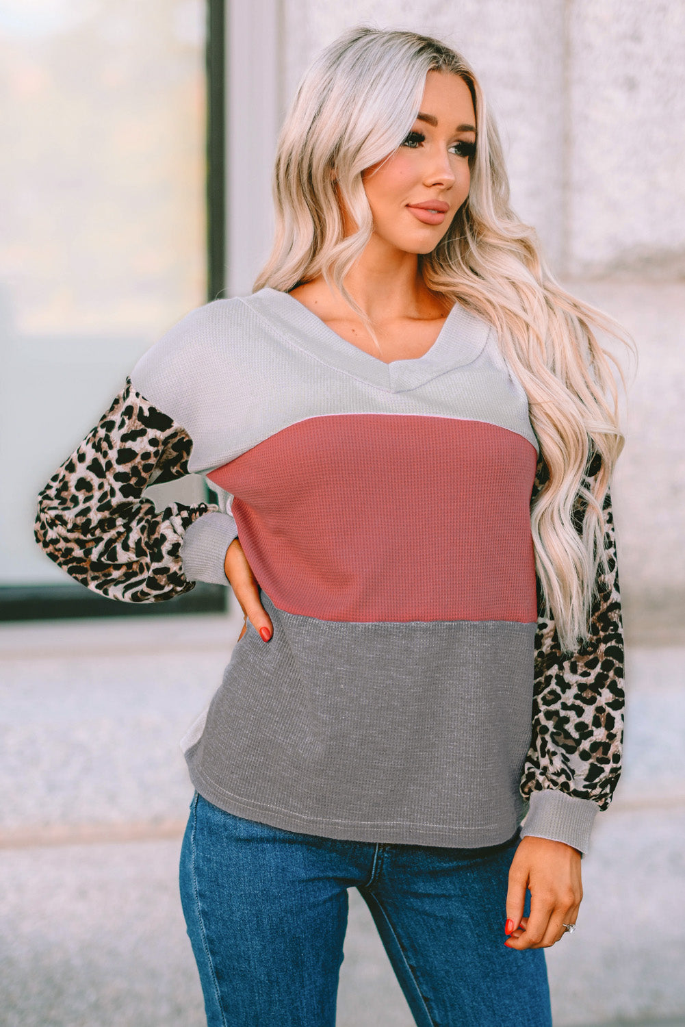 Wild Leopard Contrast Sleeve Colorblock Waffle Knit Top