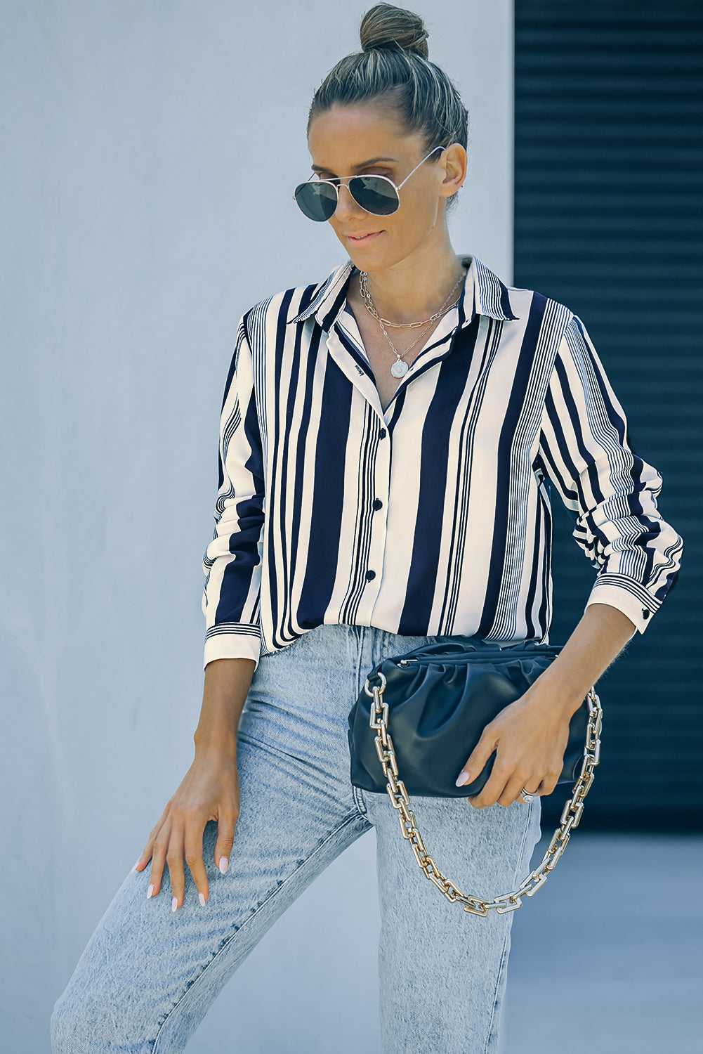 Navy Striped Modern Women Shirt