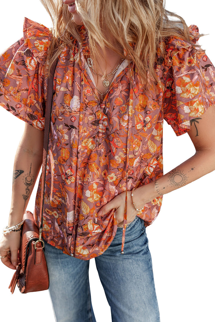 Floral Print Ruffled Flutter Sleeve Frilled V Neck Blouse