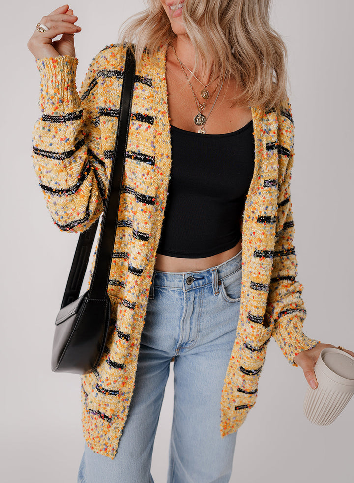 Striped Pom Pom Knit Open Front Long Cardigan