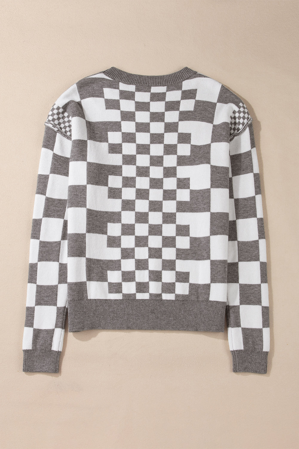 Checkered Print Drop Shoulder Round Neck Sweater