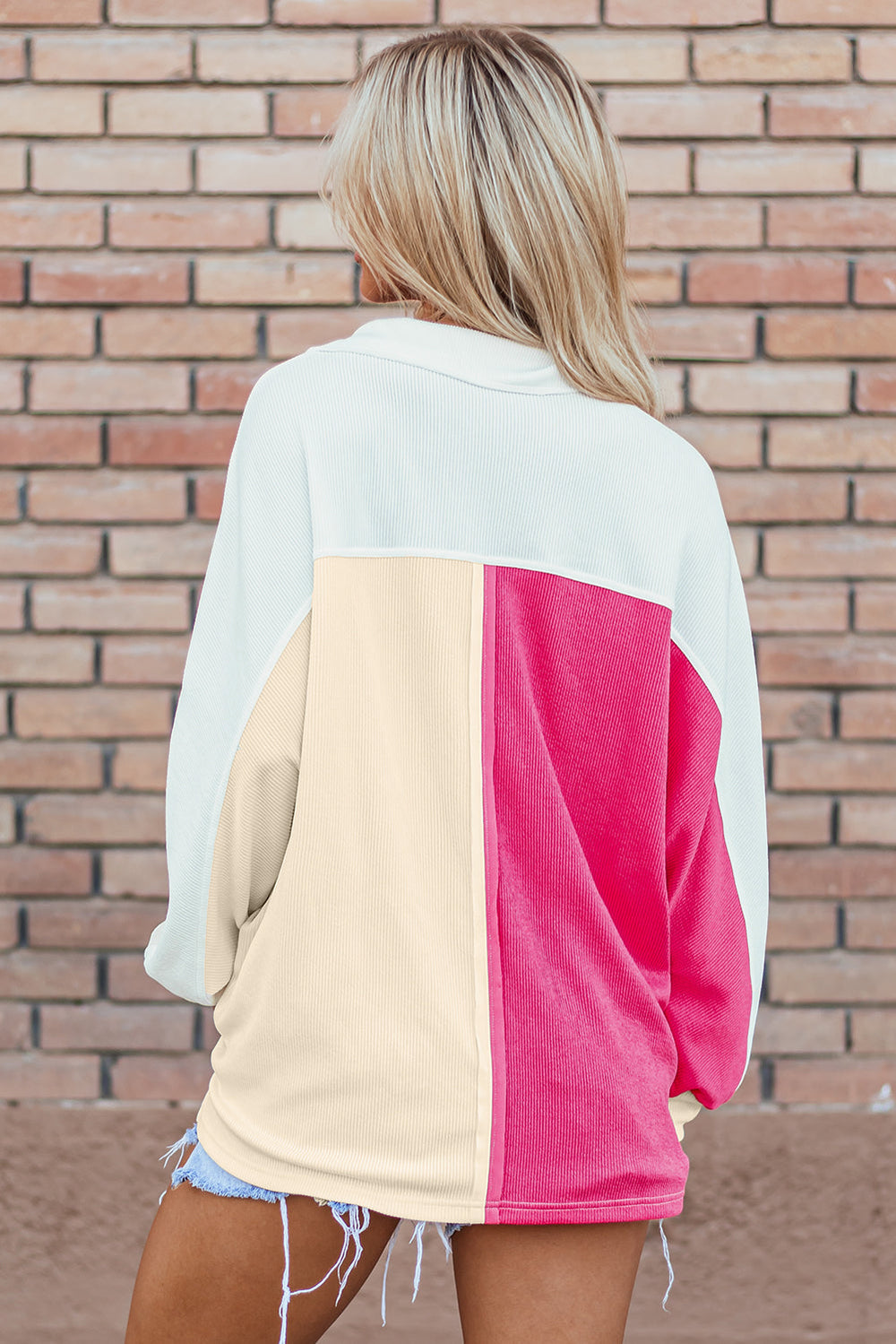 Colorblock Ribbed Collared Oversized Sweatshirt