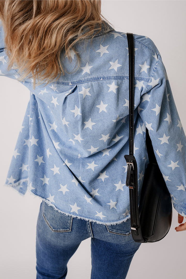 Star Print Light Wash Raw Hem Denim Jacket