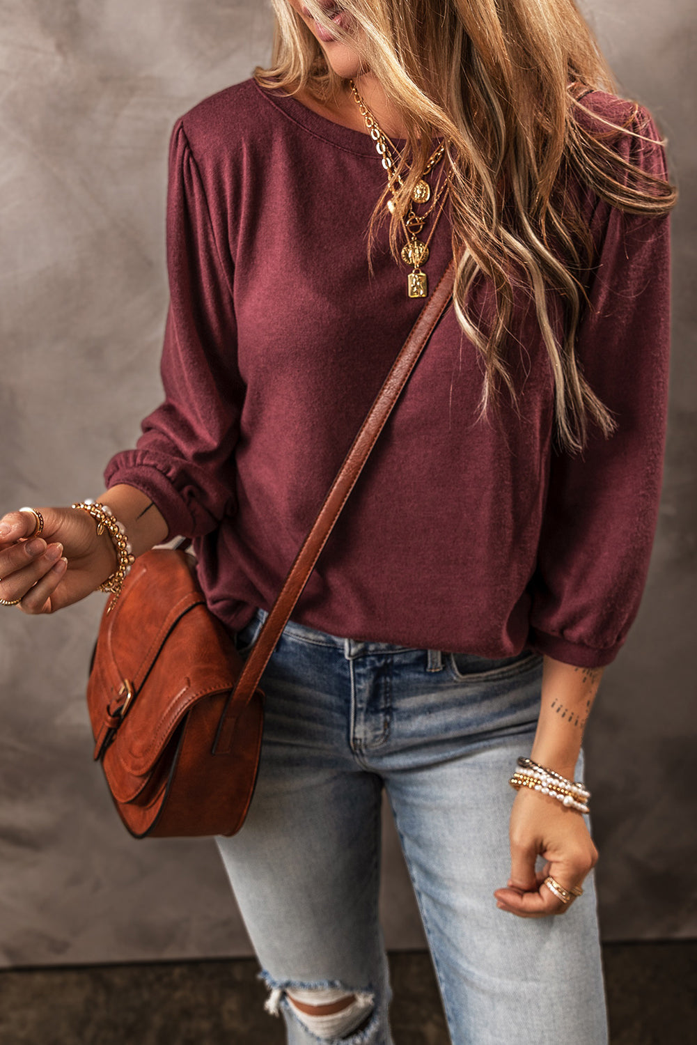 Solid Color 3/4 Sleeve Round Neck Top