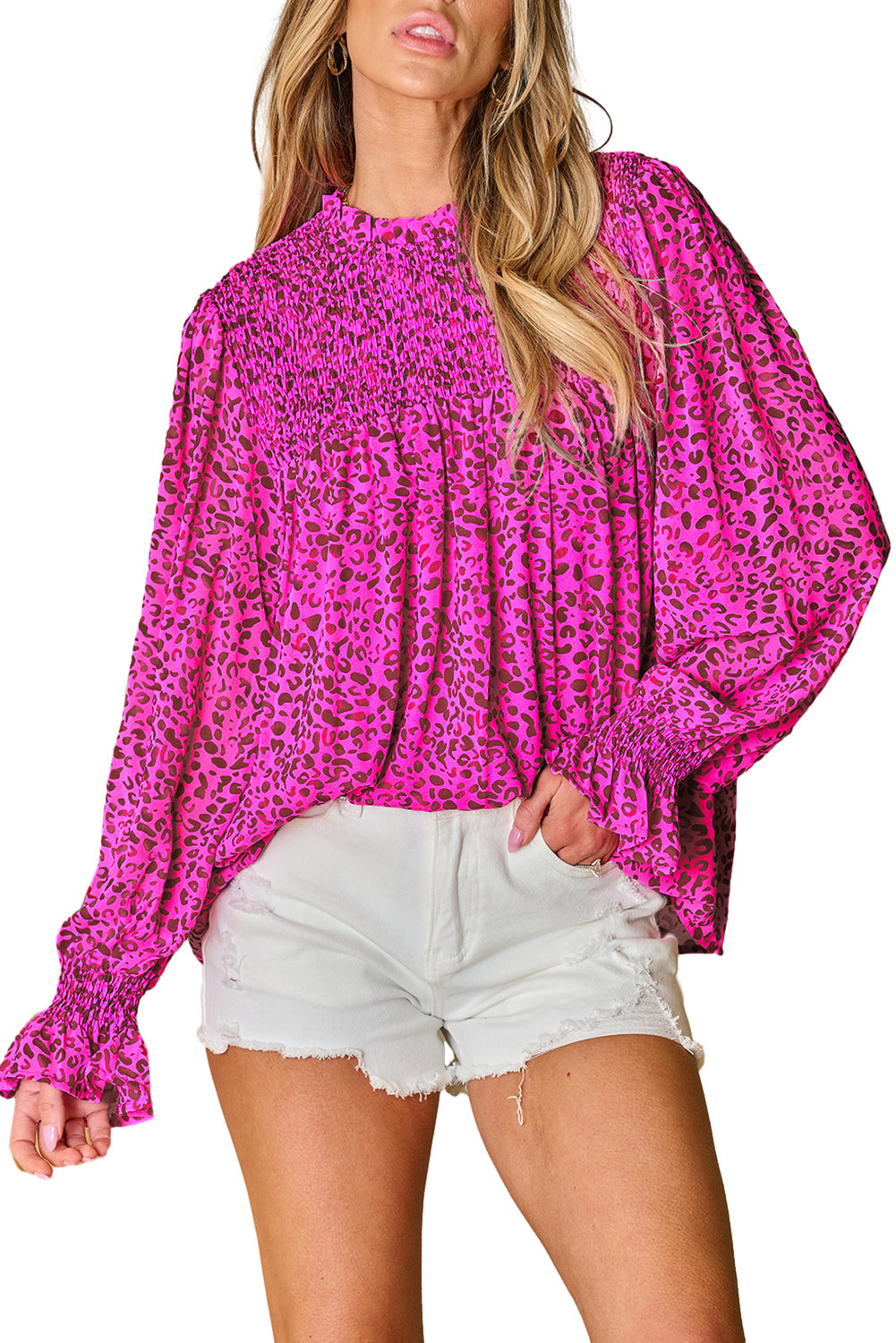 Leopard Shirred Puff Sleeve Flowy Blouse