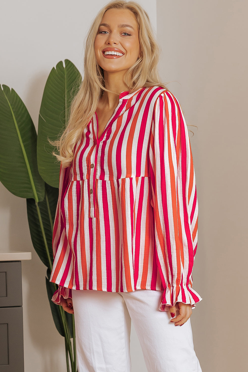 Balloon Sleeve Notched V Neck Buttoned Front Blouse