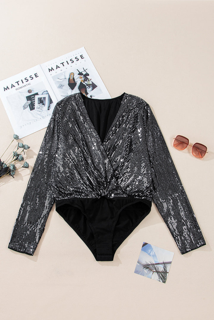 Sequin Mesh Long Sleeve Surplice Neck Bodysuit