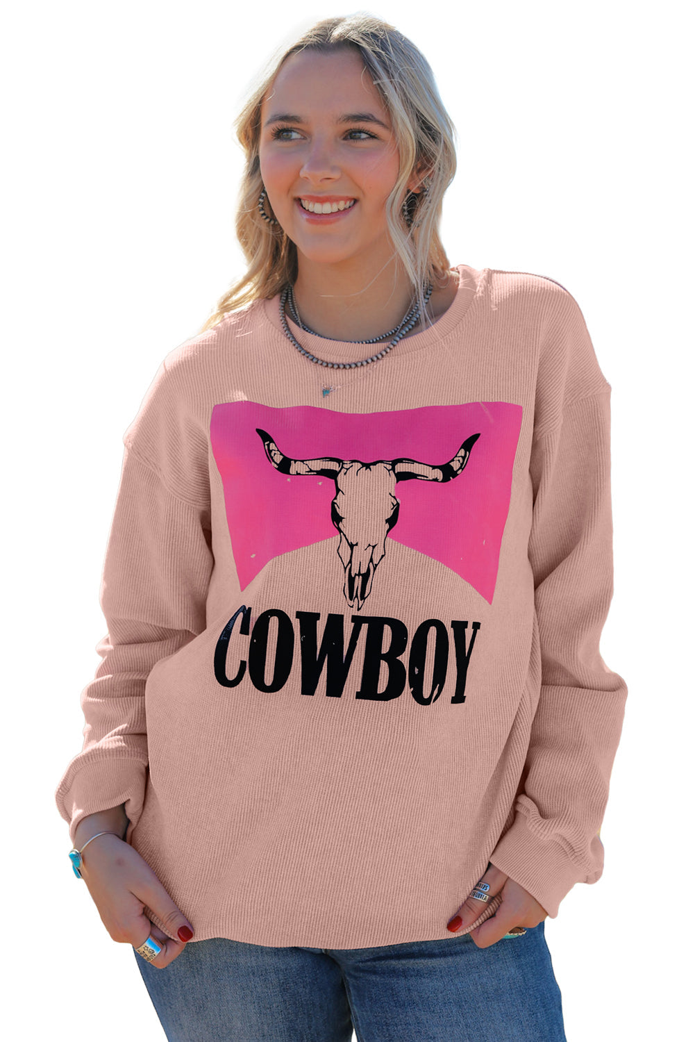 Steer Head Cowboy Print Corded Pullover Sweatshirt