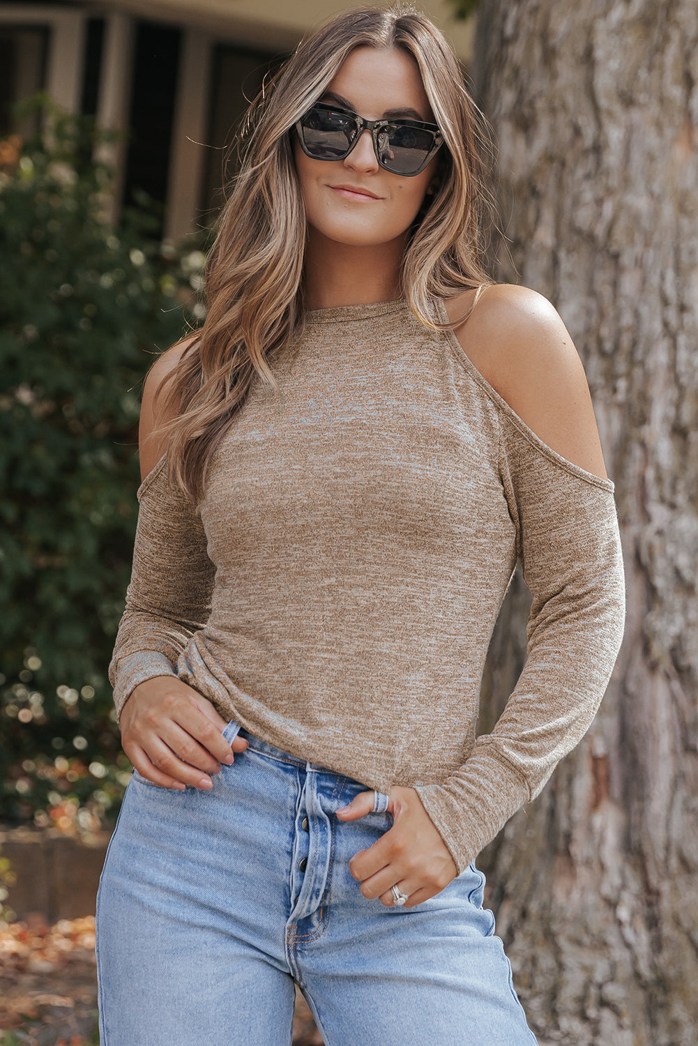 Marble Knit Cold Shoulder Long Sleeve Top