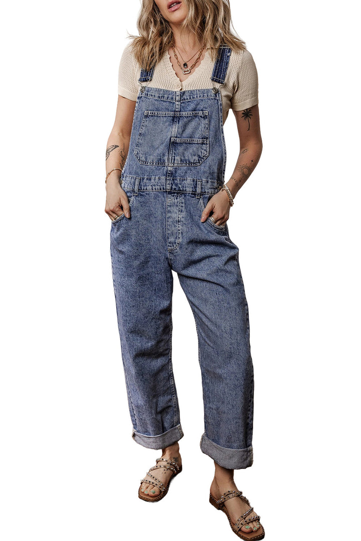 Denim Bib Straight Leg Jumpsuit with Pockets