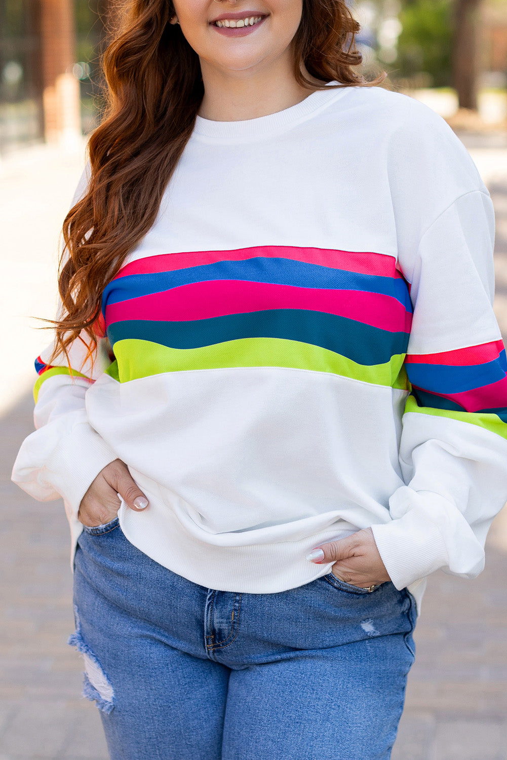 Plus Size Colorful Striped Drop Shoulder Loose Sweatshirt