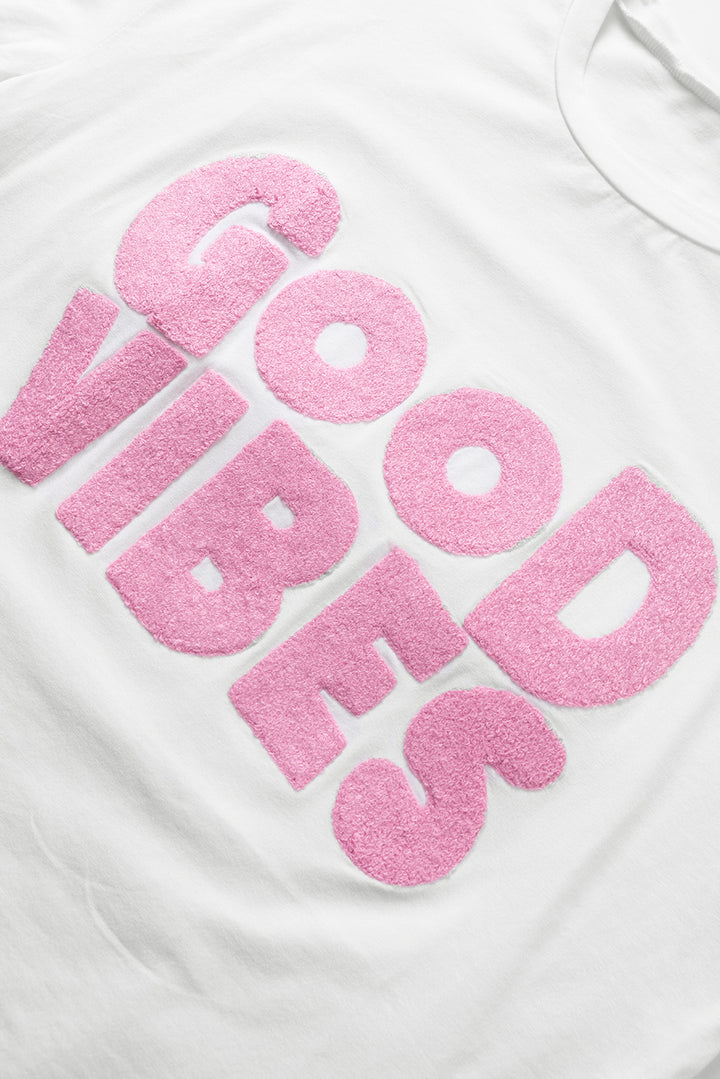 White GOOD VIBES Chenille Embroidered Crewneck T Shirt