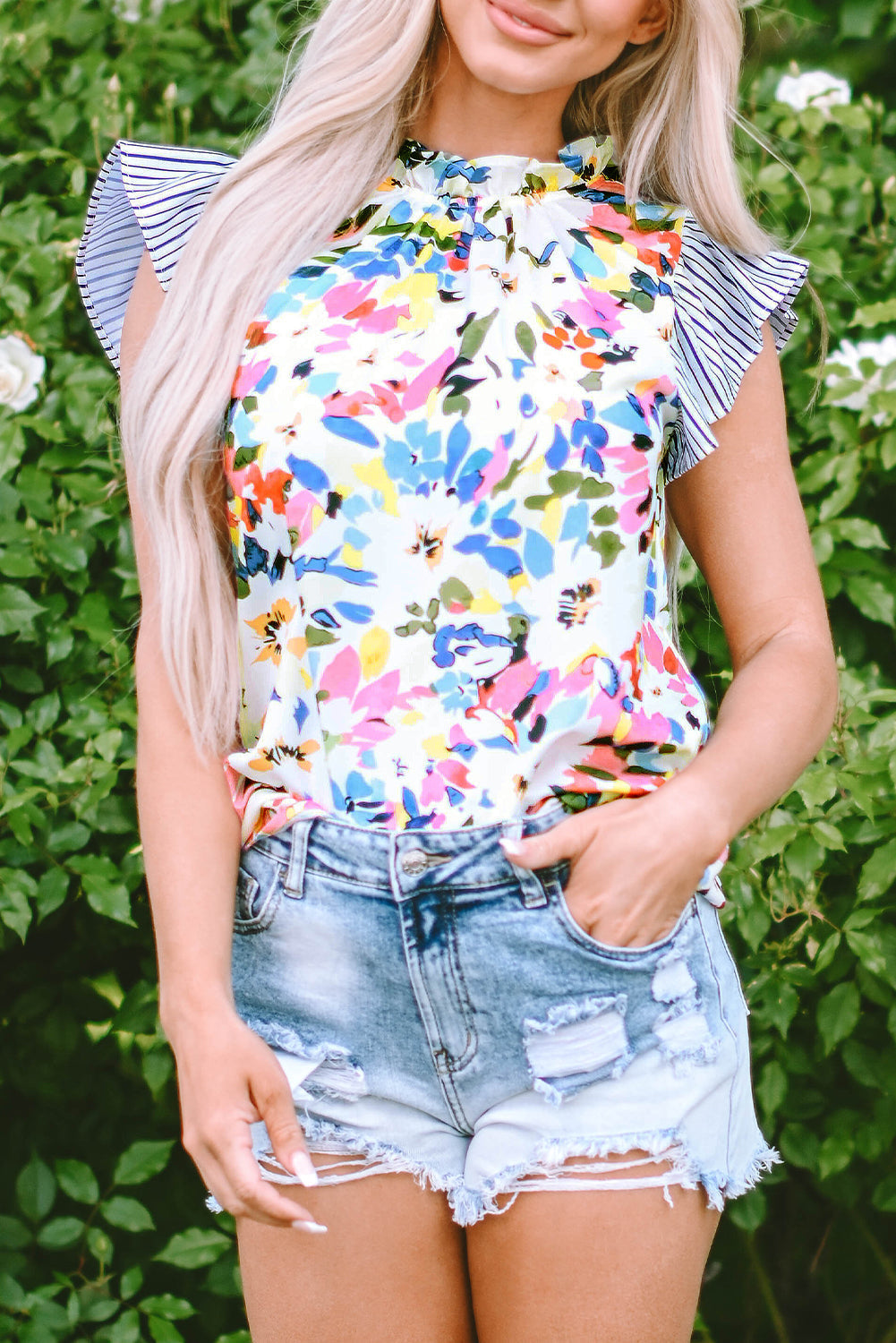 Floral Print Striped Ruffled Sleeve Blouse