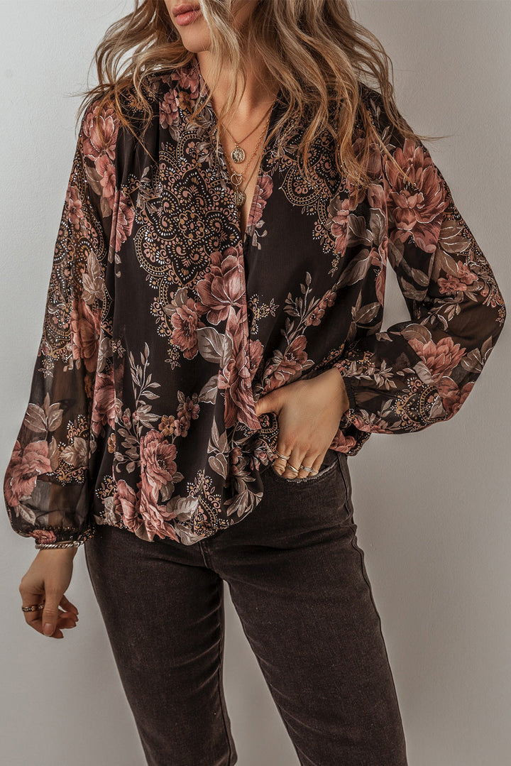 Floral Print Criss Cross V Neck Balloon Sleeve Blouse