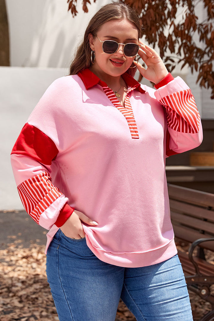 Striped Patchwork Side Split Collared Plus Size Sweatshirt