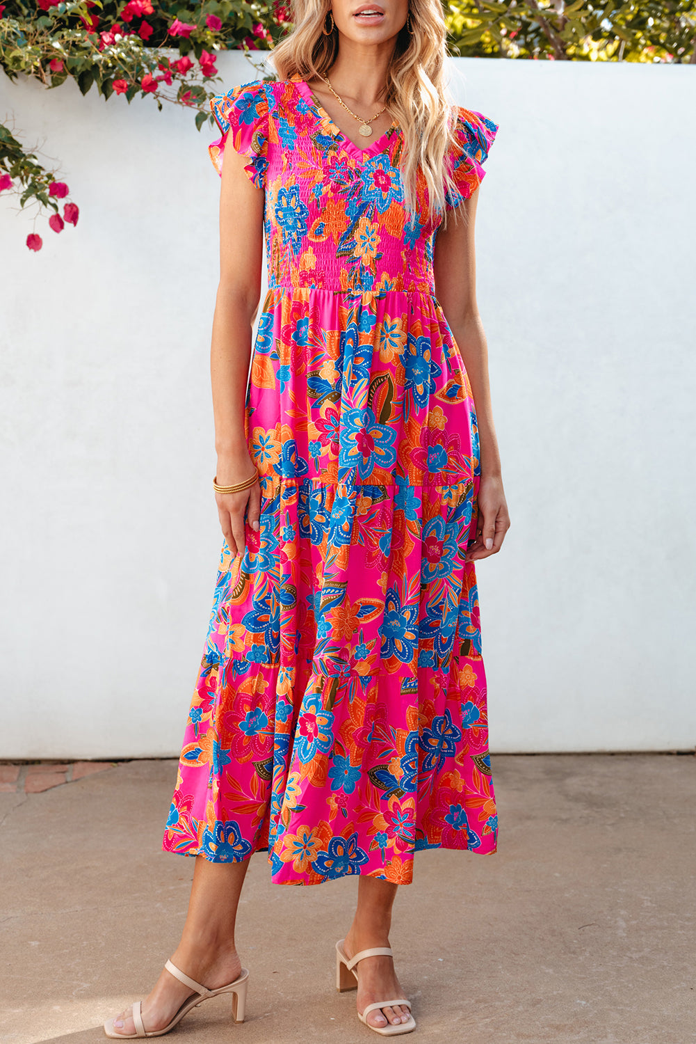 Boho Floral V Neck Ruffle Tiered Long Dress