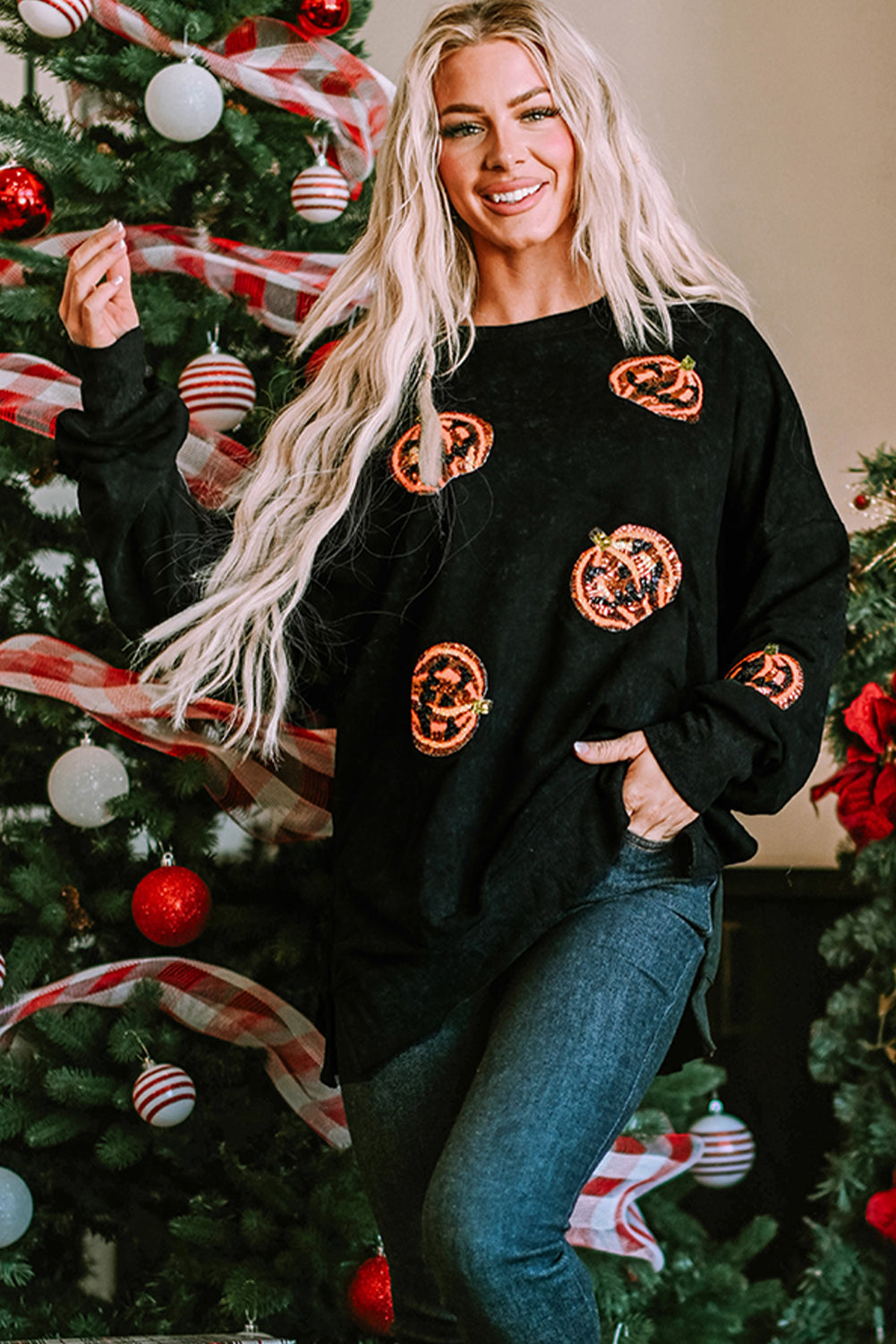 Sequined Jack O Lantern Split Hem Baggy Sweatshirt