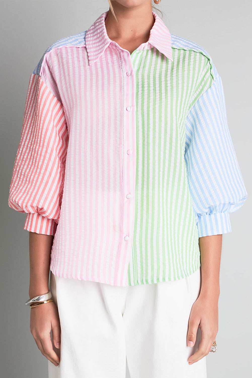 Color Block Balloon Sleeve Buttoned Loose Fit Shirt