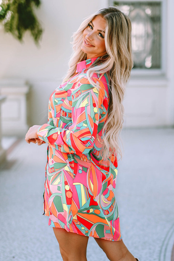 Geometric Abstract Print Long Sleeve Shirt Dress