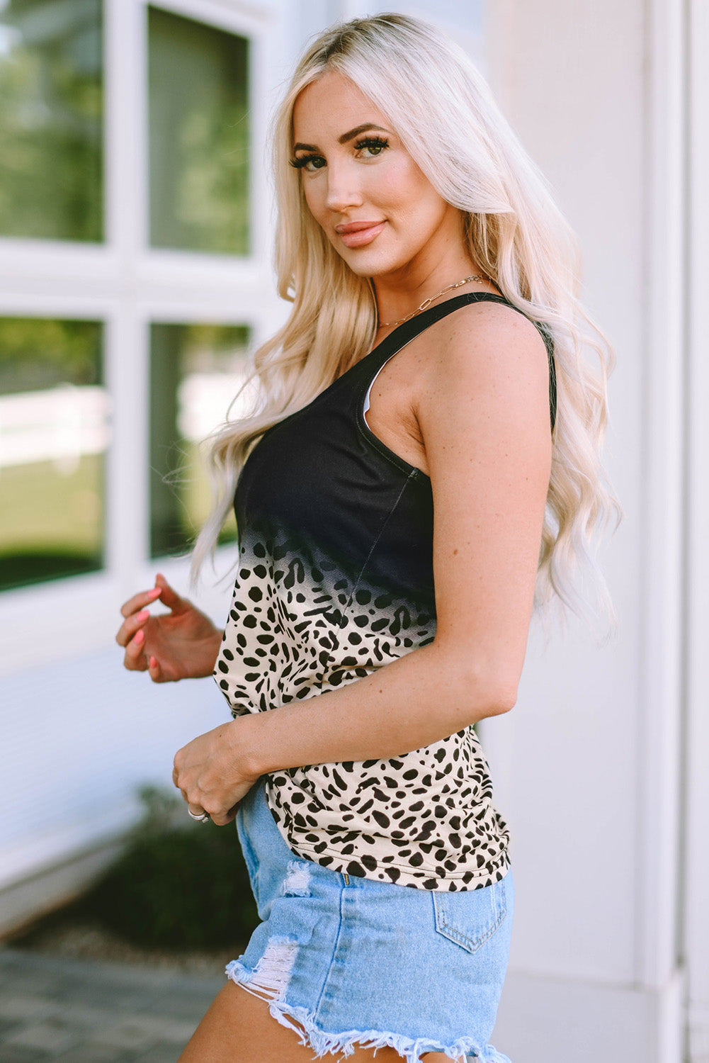 Gradient Leopard Split Neck Tank Top