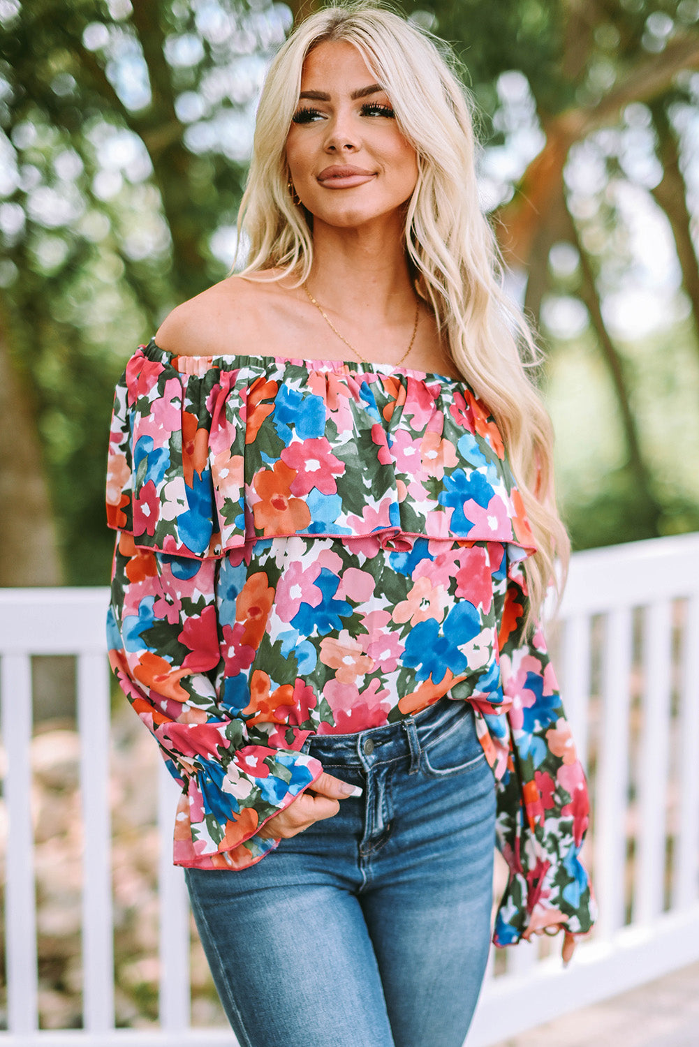 Floral Print Ruffled Off Shoulder Blouse