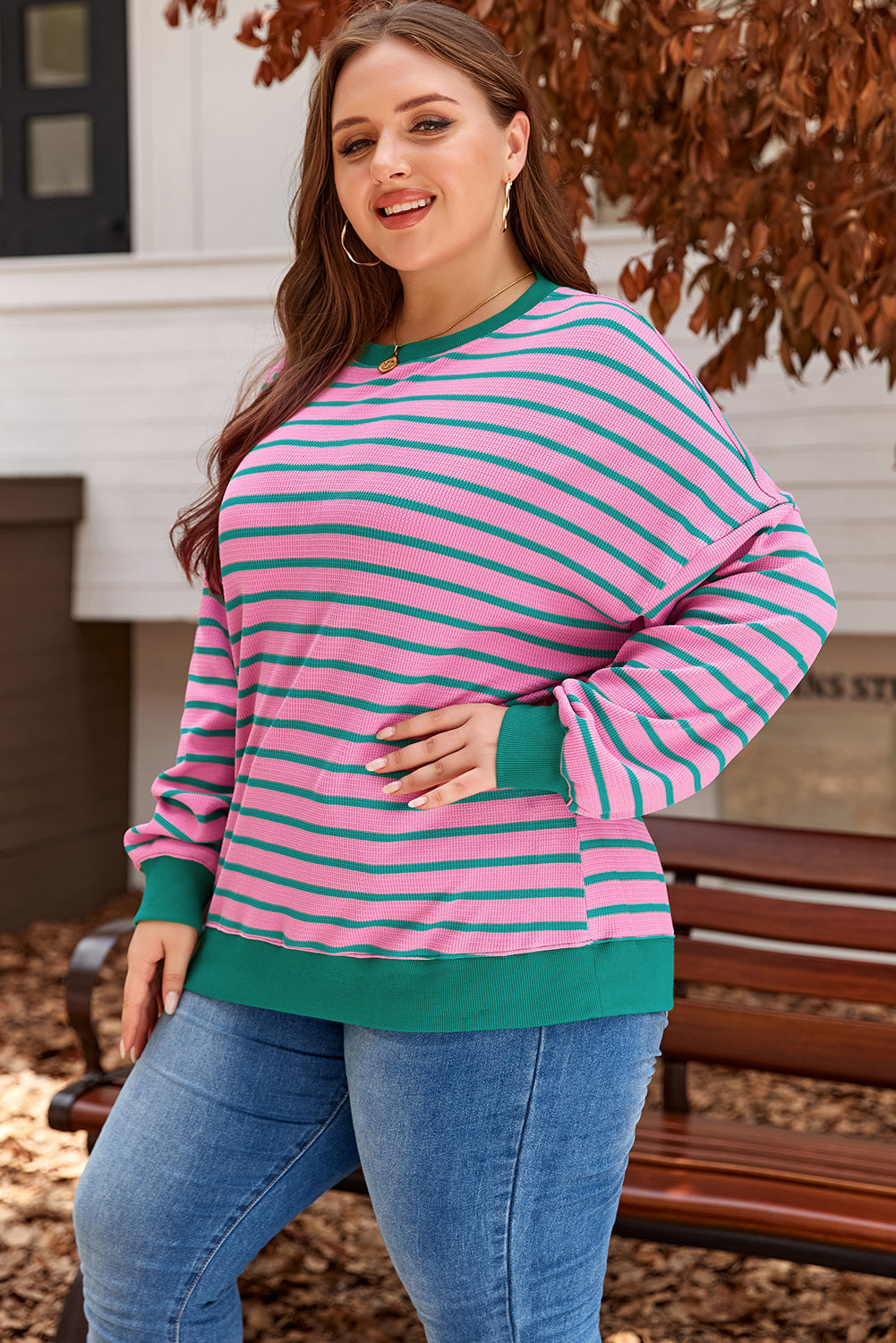 Waffle Knit Crew Neck Plus Size Sweatshirt