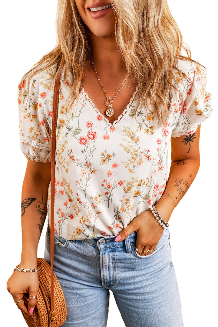 Boho Floral Lace Trim Short Sleeve Blouse