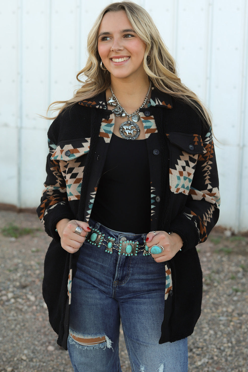 Western Aztec Print Accent Fleece Shacket