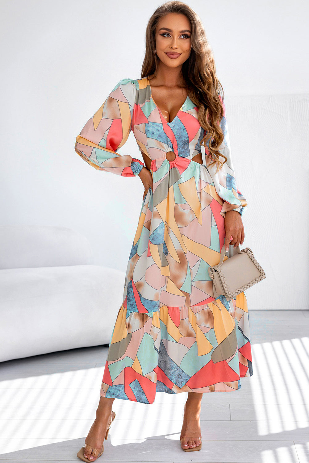 Abstract Print O-ring Cut out Long Sleeve Maxi Dress