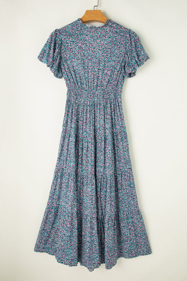 Printed V Neck Shirred Short Puff Sleeve Maxi Dress