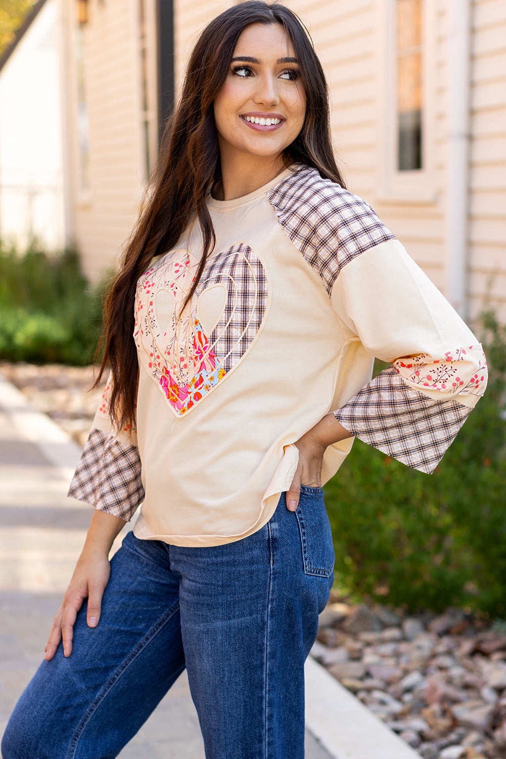 Plaid Floral Peace Heart Graphic Wide Long Sleeve Top