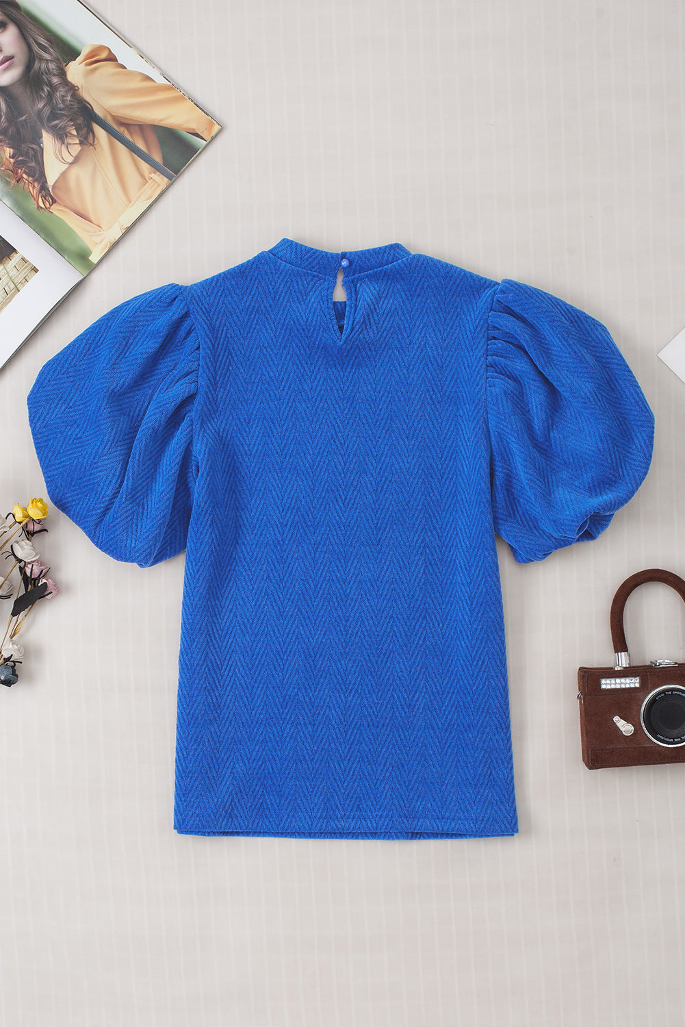 Solid Textured Puff Sleeve Mock Neck Blouse